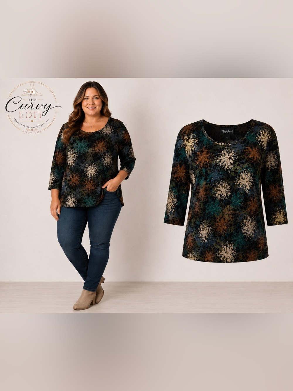 Maggie Barnes Floral Knit Top | Size 1X | Stretchy Career Casual Blouse